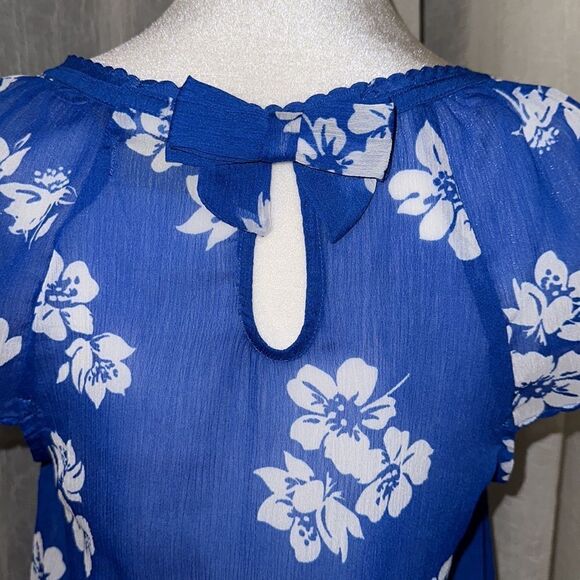 Hollister S Scoop Neck Short Sl Ruffle Hem Back Bow Tie Keyhole Floral Blouse - Picture 8 of 11